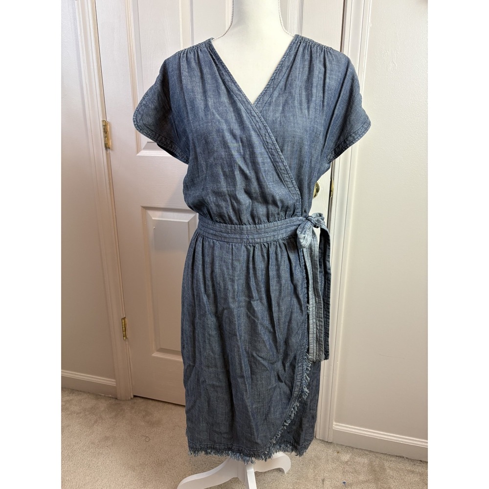 Trina Turk Wrap Dress Womens Medium Blue Linen Lyocell Fringed Midi Summer Boho